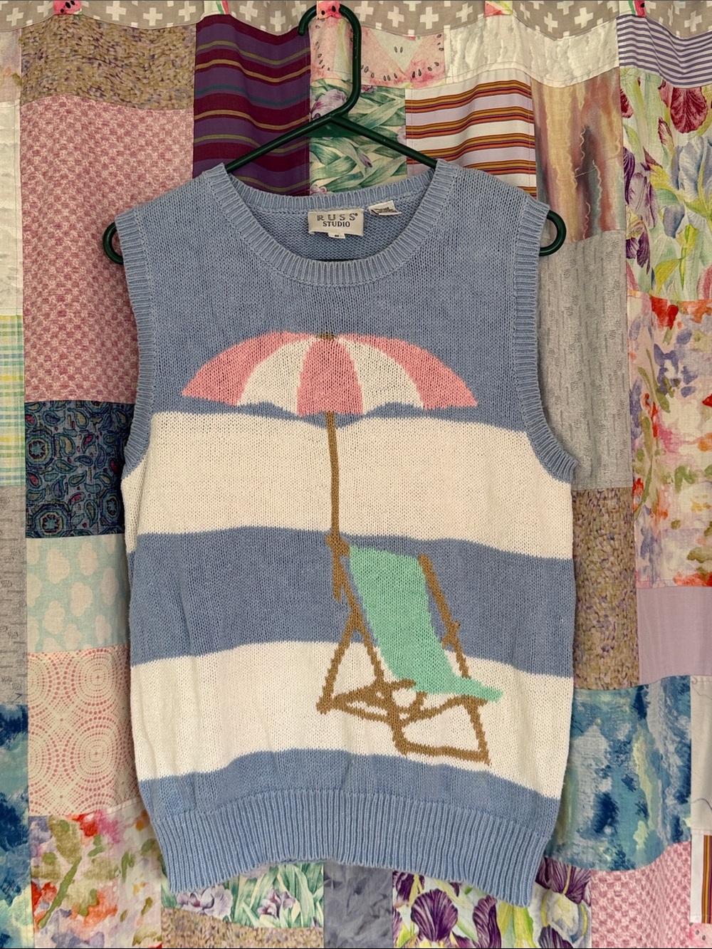 Vintage Light Blue Striped V-Neck Sweater Vest with Beach Umbrella Graphic